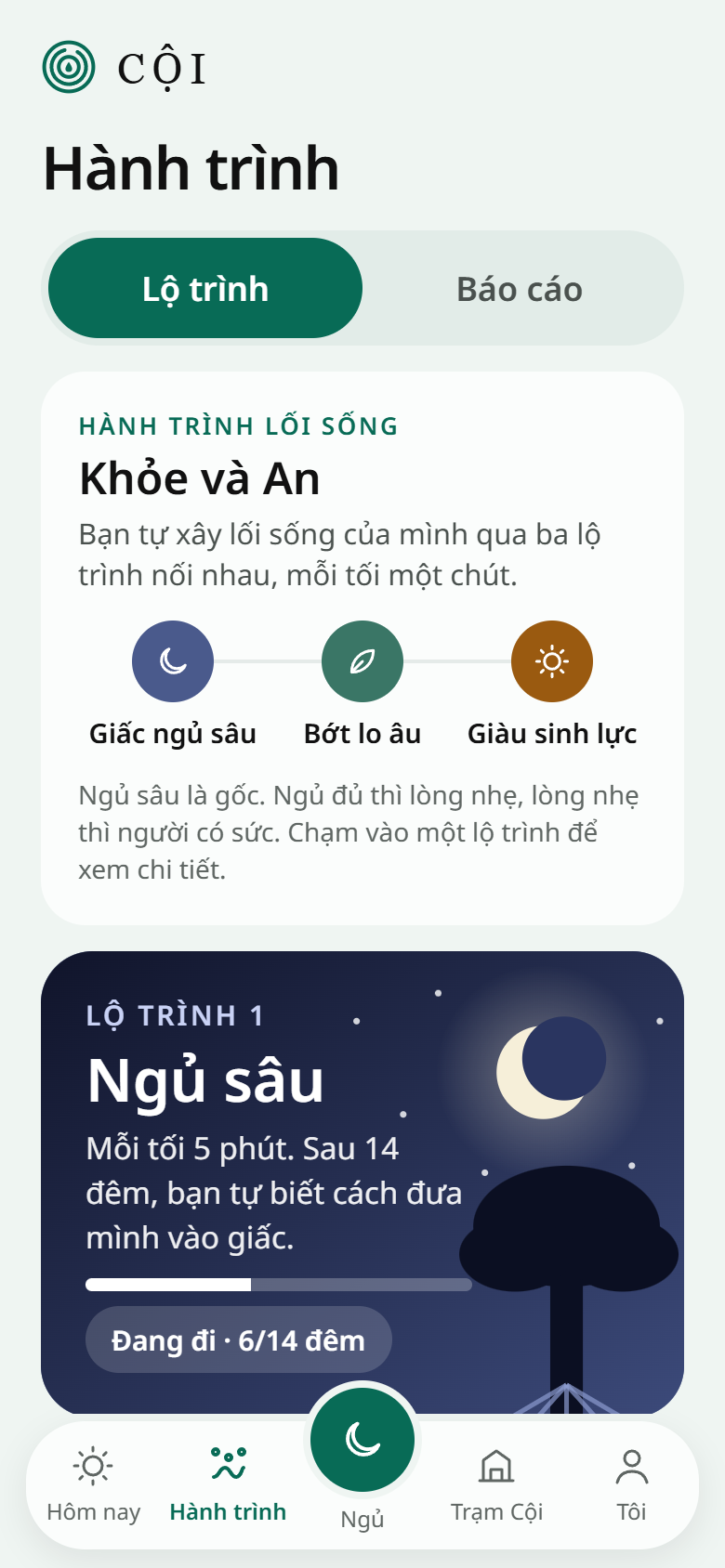 Màn Hành trình của app Cội: ba lộ trình Giấc ngủ sâu, Bớt lo âu, Giàu sinh lực